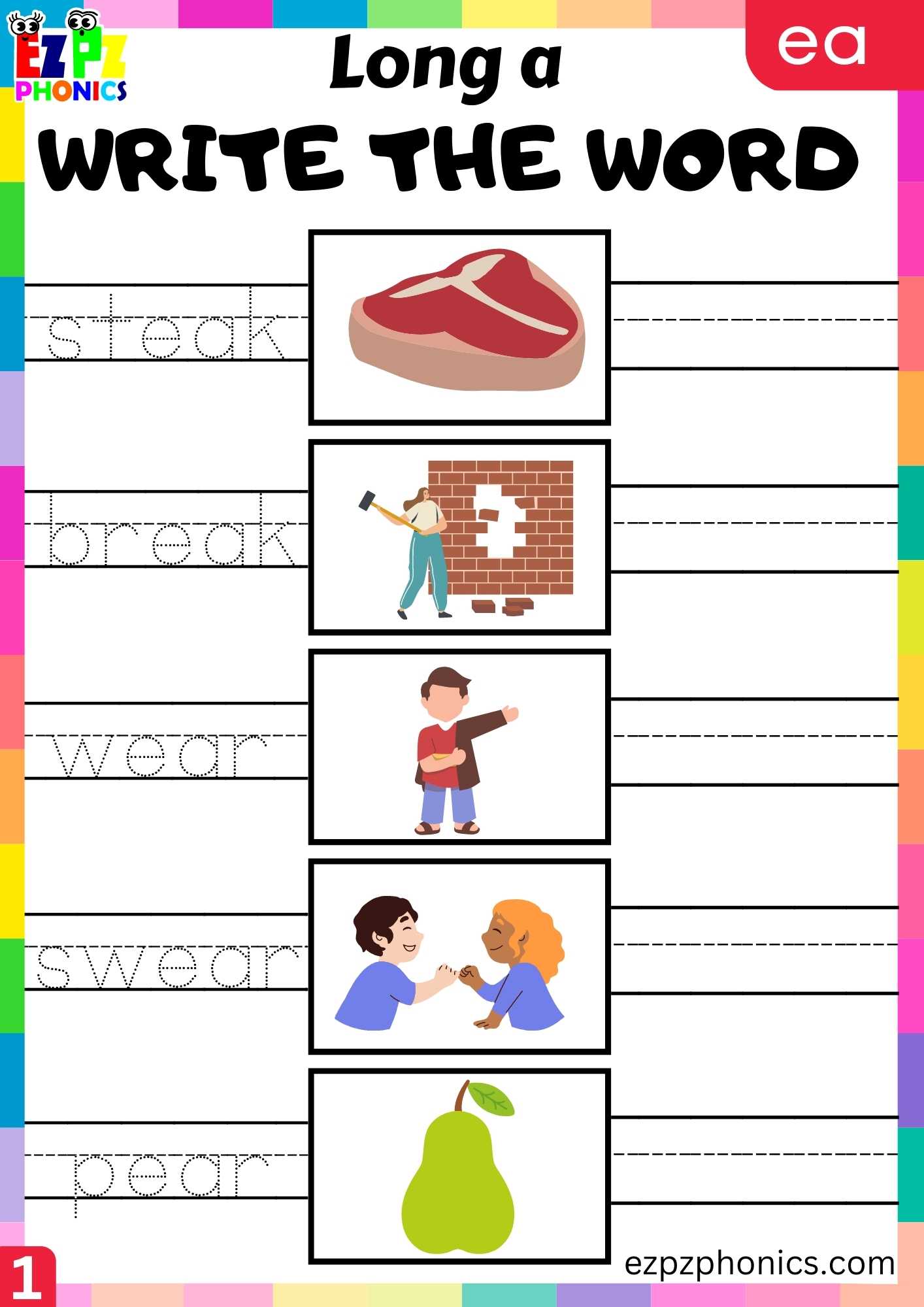 EA Words Write The Words Long A Phonics Worksheet